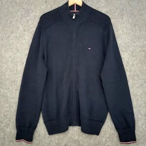 Tommy Hilfiger Sweater Mens Large Navy Full‎ Zip Baseball Cardigan Cotton